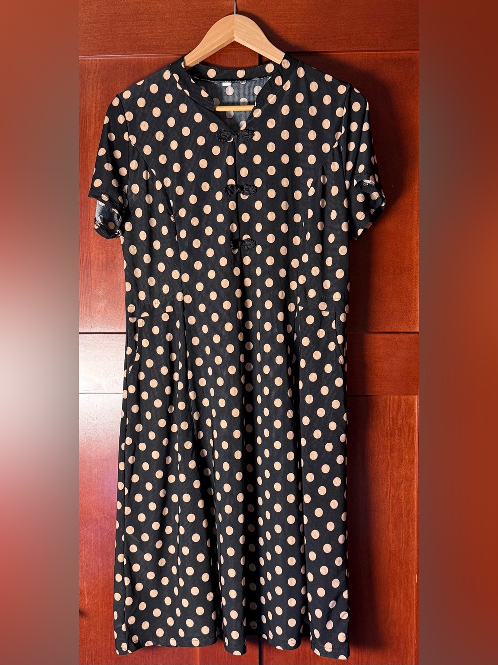 VTG Retro Polka Dot A-Line Midi Dress Mandarin Collar Chinese Frog Closures L